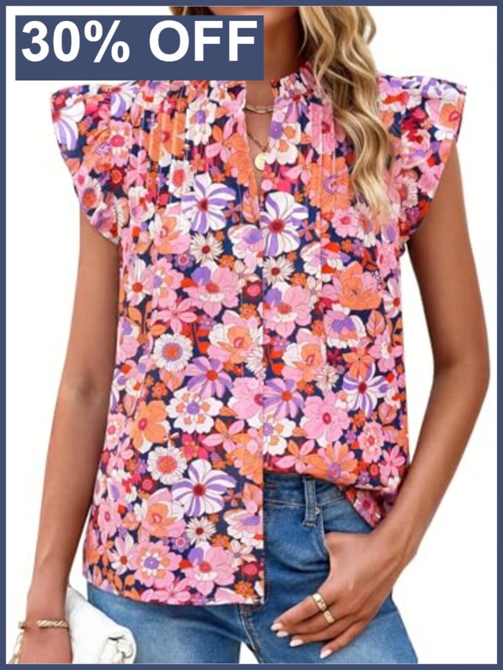 PRETTYGARDEN Women's Floral Button Down Blouse Mock Neck Cap Sleeve Boho Top